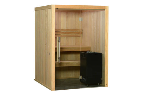 Almost Heaven Serena 3-person indoor sauna with light wood construction, glass door, wooden benches, and black heater unit on