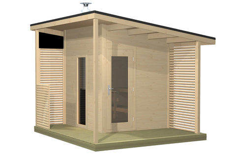 Modern wooden sauna cabin with black roof, glass door, louvered side panels, and green deck foundation on white background