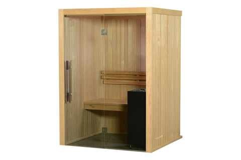 Natural wood sauna cabin with glass door, wooden bench seating, and black electric heater unit visible inside on white backgr