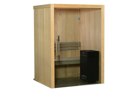 Natural wood sauna cabin with glass door, wooden bench seating, and black electric heater unit visible inside on white backgr