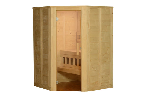 Natural wood corner sauna with glass door, wooden bench seating, and interior heater visible on white background