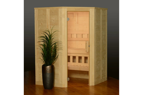 Natural wood corner sauna with glass door, wooden bench seating, and interior heater visible on white background
