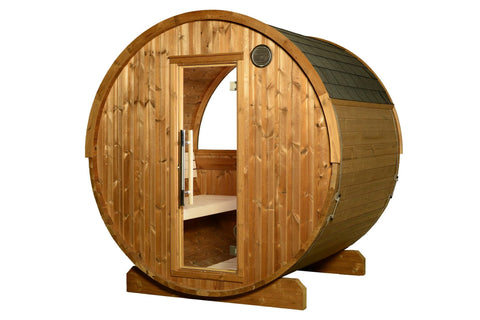 Half moon barrel sauna with cedar wood construction, glass door, and dark shingle roof on white background