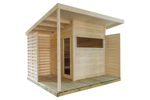 Natural pine wood sauna with large window, open right side, and metal chimney, positioned in backyard garden setting