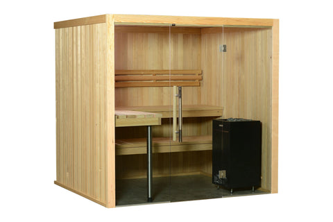 Light wood indoor sauna with glass front doors, wooden benches, and black heater stove on dark floor