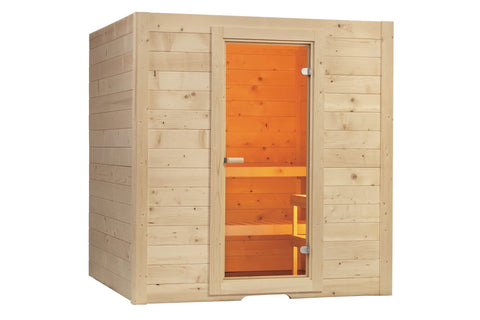 Natural pine wood sauna with orange interior, glass door with chrome hinges, and illuminated wooden benches visible inside