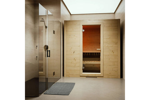 Natural pine wood sauna with orange interior, glass door with chrome hinges, and illuminated wooden benches visible inside