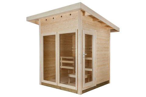 Natural wood outdoor sauna with glass doors and windows, wooden interior benches, and pitched roof on white background