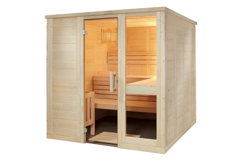 Light wood indoor sauna with glass doors, wooden benches, and ventilation grille on white background