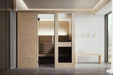 Light wood indoor sauna with glass doors, wooden benches, and ventilation grille on white background
