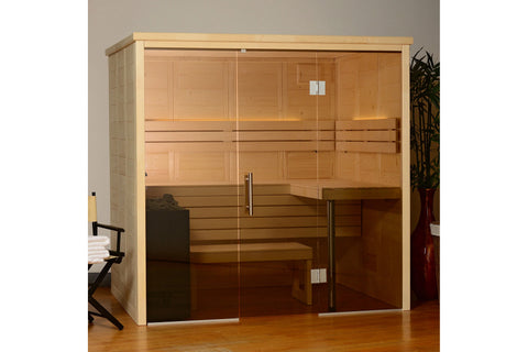 Almost Heaven Worthington cedar sauna with glass front doors, interior benches, and light on white background