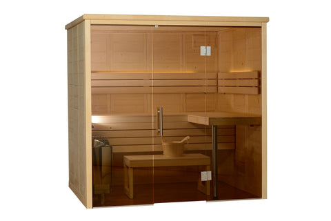 Almost Heaven Worthington cedar sauna with glass front doors, interior benches, and light on white background
