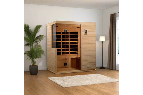 Cedar wood infrared sauna cabin with glass door and control panel, featuring wooden bench seating and heating elements visibl