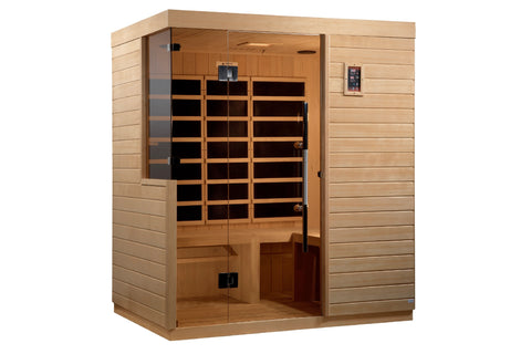 Cedar wood infrared sauna cabin with glass door and control panel, featuring wooden bench seating and heating elements visibl