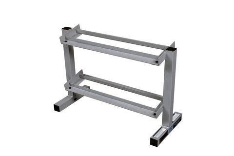 Gray metal dumbbell rack with two horizontal bars, vertical posts, and footpad base on white background
