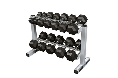 Gray metal dumbbell rack with two horizontal bars, vertical posts, and footpad base on white background