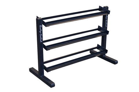 Black 3-tier horizontal dumbbell rack with sturdy metal frame and rubber-lined shelves, shown on white background