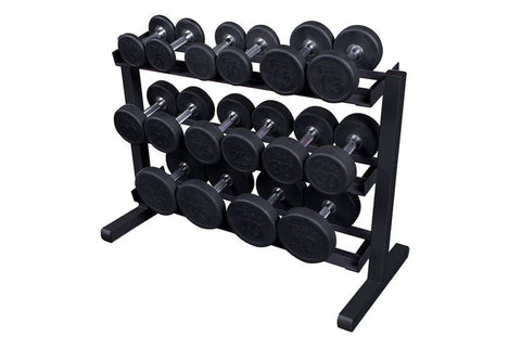 Black 3-tier horizontal dumbbell rack with sturdy metal frame and rubber-lined shelves, shown on white background