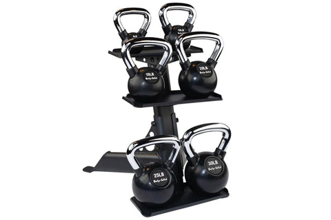 Black kettlebell and dumbbell rack with three shelves and perforated metal sides on white background