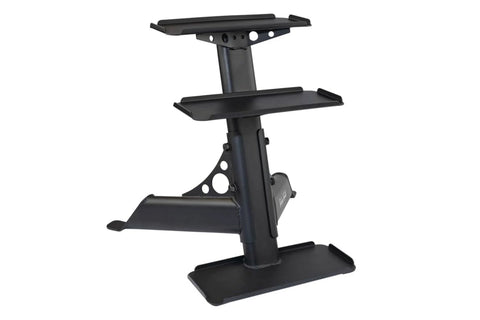 Black kettlebell and dumbbell rack with three shelves and perforated metal sides on white background