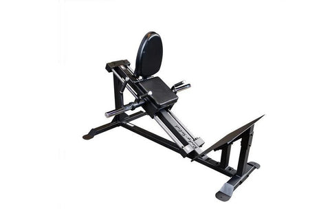 Black and silver compact leg press and hack squat machine with padded seat, footplate, and circular backrest on white backgro