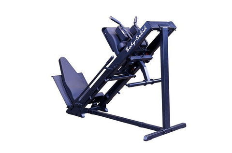Navy blue leg press and hack squat machine with padded seat and foot platform, shown on white background
