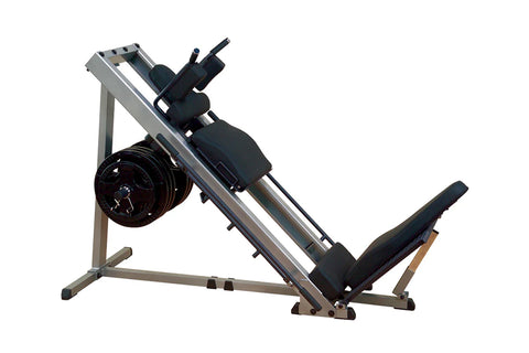 Navy blue leg press and hack squat machine with padded seat and foot platform, shown on white background