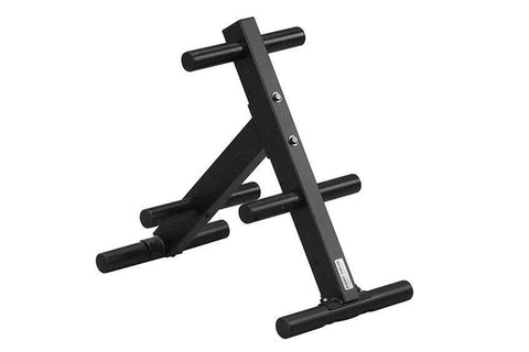 Black metal Olympic weight tree with cylindrical storage pegs and stable base on white background