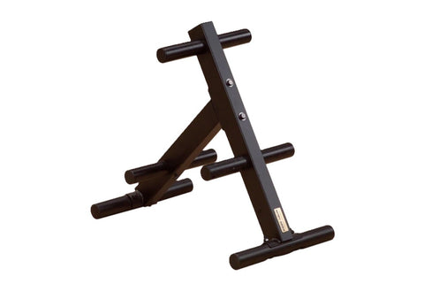 Black metal Olympic weight tree with cylindrical storage pegs and stable base on white background