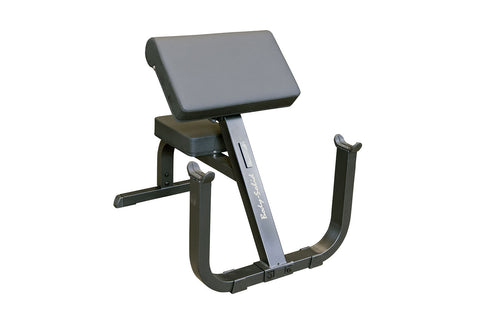 Body-Solid preacher curl bench with gray padded arm rest and seat, black steel frame, adjustable backrest on white background