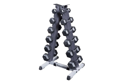 Black and gray A-frame dumbbell rack with scalloped slots for storing dumbbells, on white background