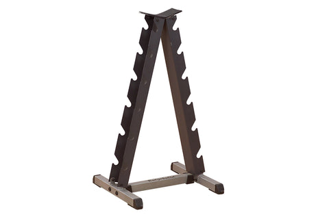 Black and gray A-frame dumbbell rack with scalloped slots for storing dumbbells, on white background