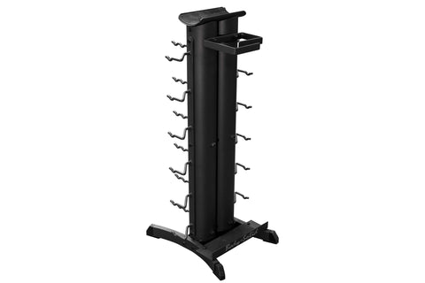 Black vertical dumbbell storage rack with multiple curved hooks, pull-out tray, and wide base on white background