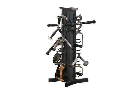 Black vertical dumbbell storage rack with multiple curved hooks, pull-out tray, and wide base on white background