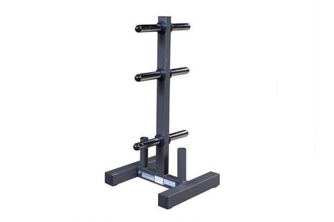 Black Olympic weight plate tree and bar holder with vertical post and three horizontal chrome sleeves, stable base on white b
