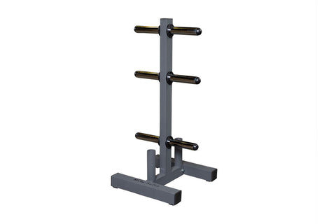 Black Olympic weight plate tree and bar holder with vertical post and three horizontal chrome sleeves, stable base on white b