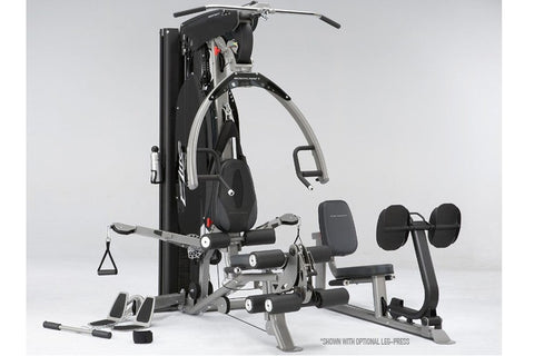 BodyCraft Elite home gym leg press machine with silver frame, black padded seat and backrest, adjustable leg extension arms w