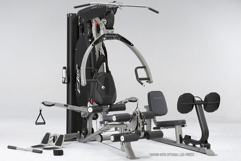 Multi-station home gym with gray and blue frame, featuring chest press, leg press, and cable machine stations, demonstrated b