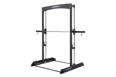 Black BodyCraft squat rack with barbell, adjustable bar positions, and safety catches on white background