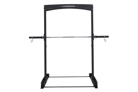 Black BodyCraft squat rack with barbell, adjustable bar positions, and safety catches on white background