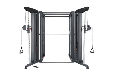 BodyCraft Jones light commercial functional cable crossover machine with gray steel frame and black cable attachments on whit