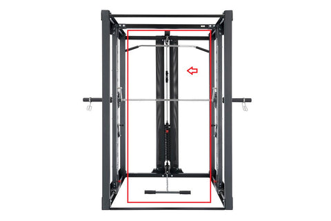 BodyCraft Jones Light Commercial Lat Pulldown machine with black frame and red safety guides, front view on white background