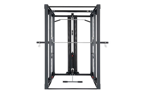 BodyCraft Jones Light Commercial Lat Pulldown machine with black frame and red safety guides, front view on white background