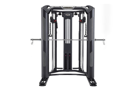 Black multi-functional gym machine with dual cable towers, chrome bars, and mesh panels on white background