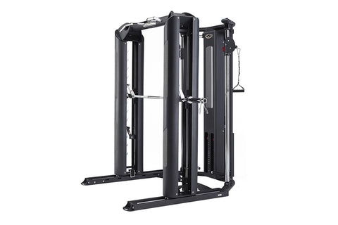 Black multi-functional gym machine with dual cable towers, chrome bars, and mesh panels on white background