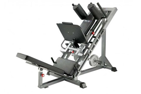 BodyCraft Pro Leg Press Hack Squat machine with gray frame, black footplate, padded backrest, and dual weight horns on white 