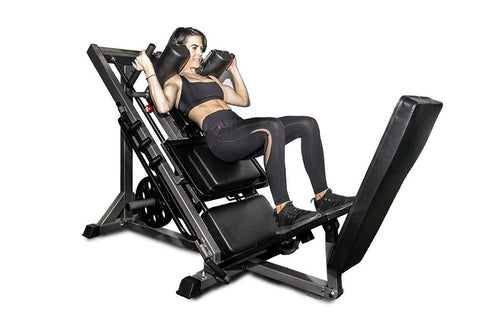 BodyCraft Pro Leg Press Hack Squat machine with gray frame, black footplate, padded backrest, and dual weight horns on white 