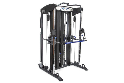 BodyCraft XFT Functional Trainer with dual cable towers, blue handles, and black frame on white background