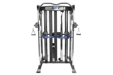 BodyCraft XFT Functional Trainer with dual cable towers, blue handles, and black frame on white background
