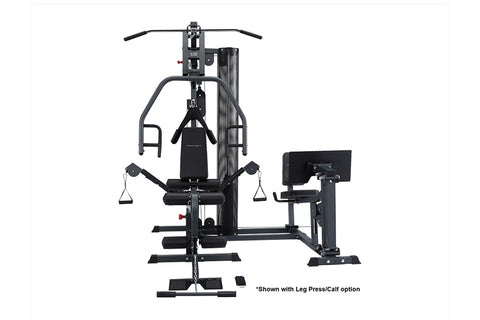 Black multi-station home gym system with weight stack, chest press, leg press, and leg extension attachments on white backgro